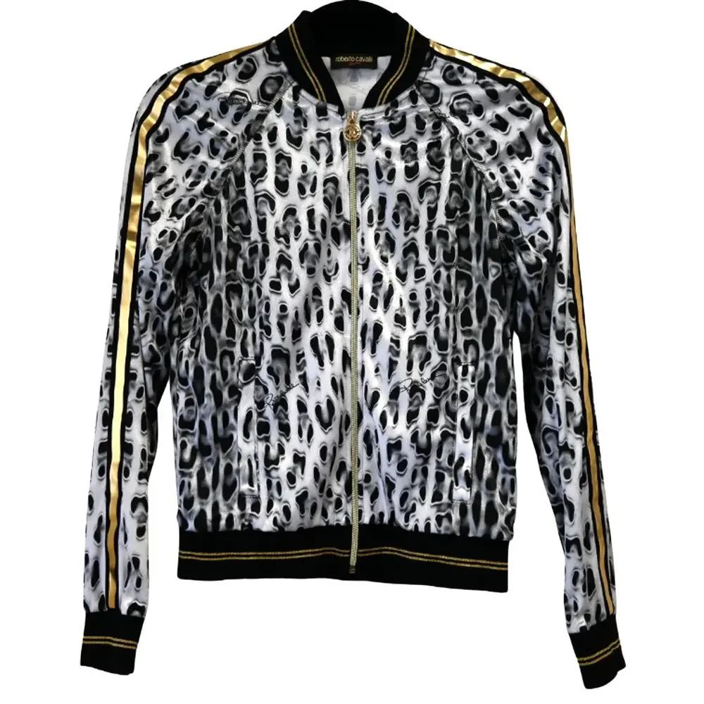 Roberto Cavalli Gym Gray Velour Leopard Print Bomber Jacket Size 38 Approx US 2